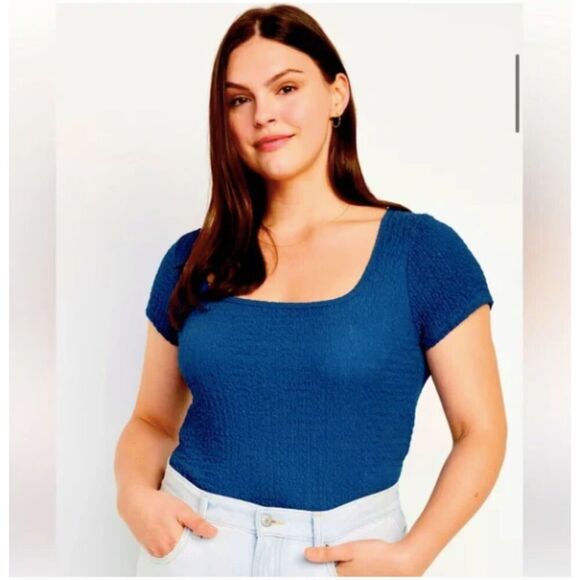 Old Navy Gauzy‎ Square Neckline Fitted Shirt Sz 2X Textured Blue EUC Summer - Picture 1 of 8